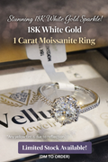 18K White Gold 1 Carat Moissanite Ring on Vellu Jewels packaging with text about limited stock availability.