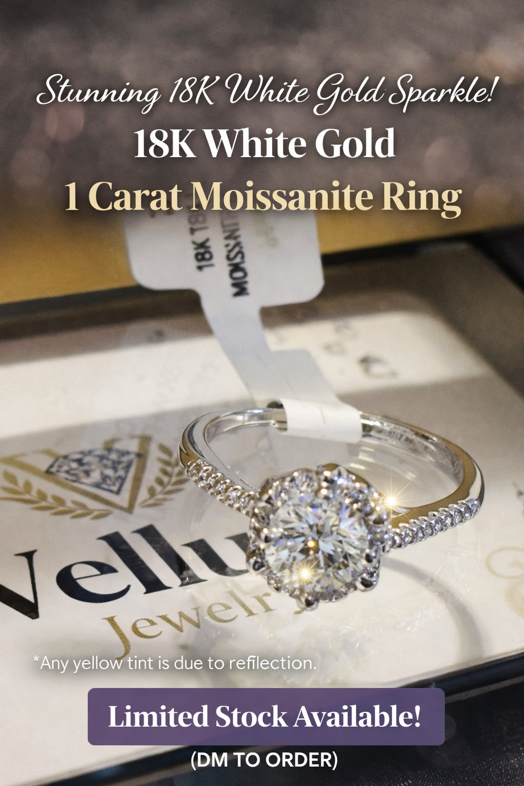 18K White Gold 1 Carat Moissanite Ring on Vellu Jewels packaging with text about limited stock availability.