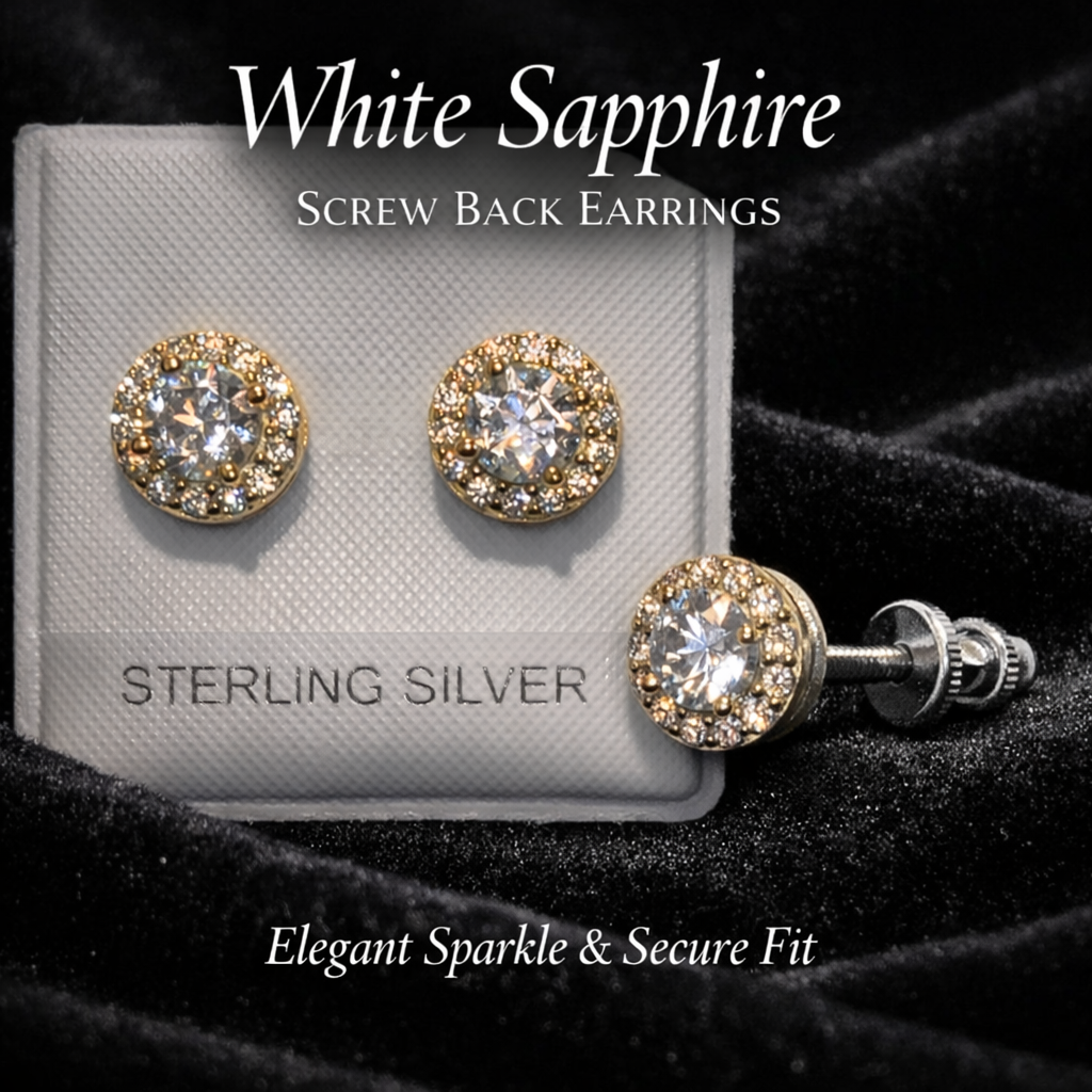 18K Gold Vermeil White Sapphire Halo Stud Earrings Screw Back