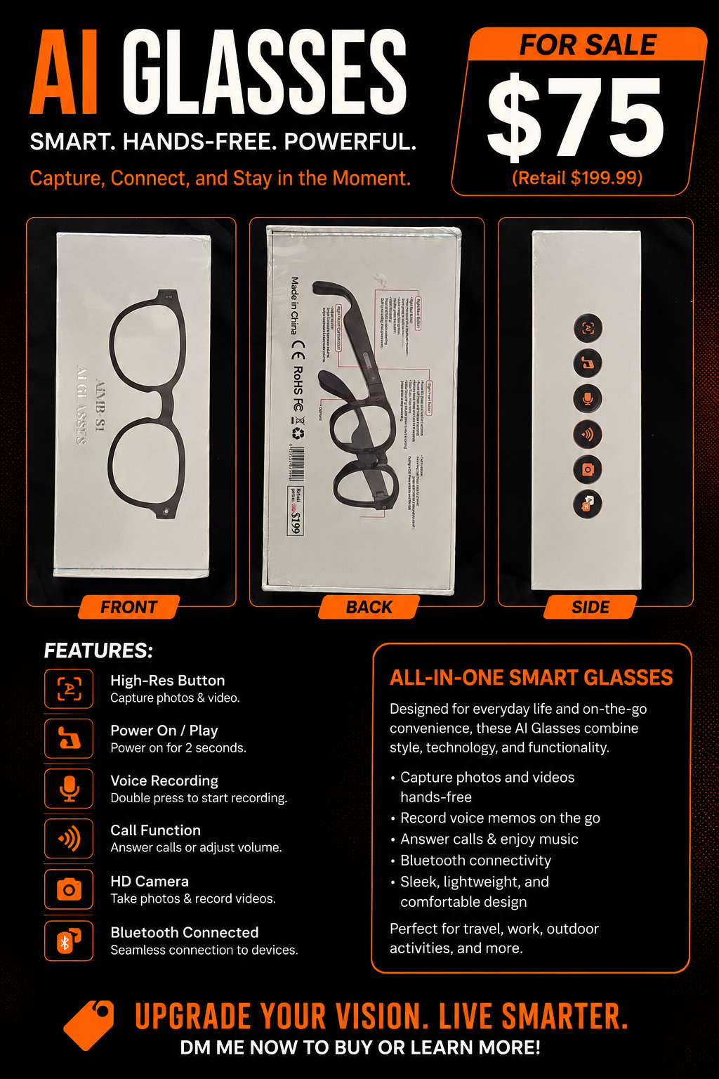 AI Smart Glasses with Camera | Photo & Video Recording | Bluetooth Audio & Calls
