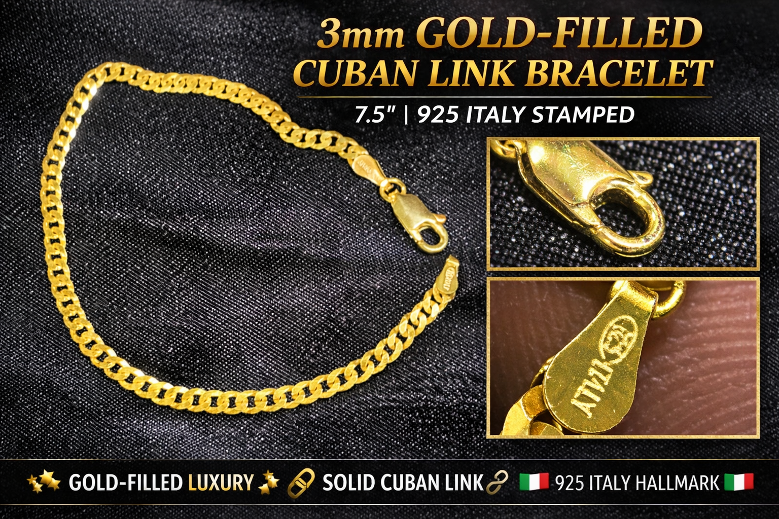 3mm Cuban Link Bracelet Gold Over 925 Italy