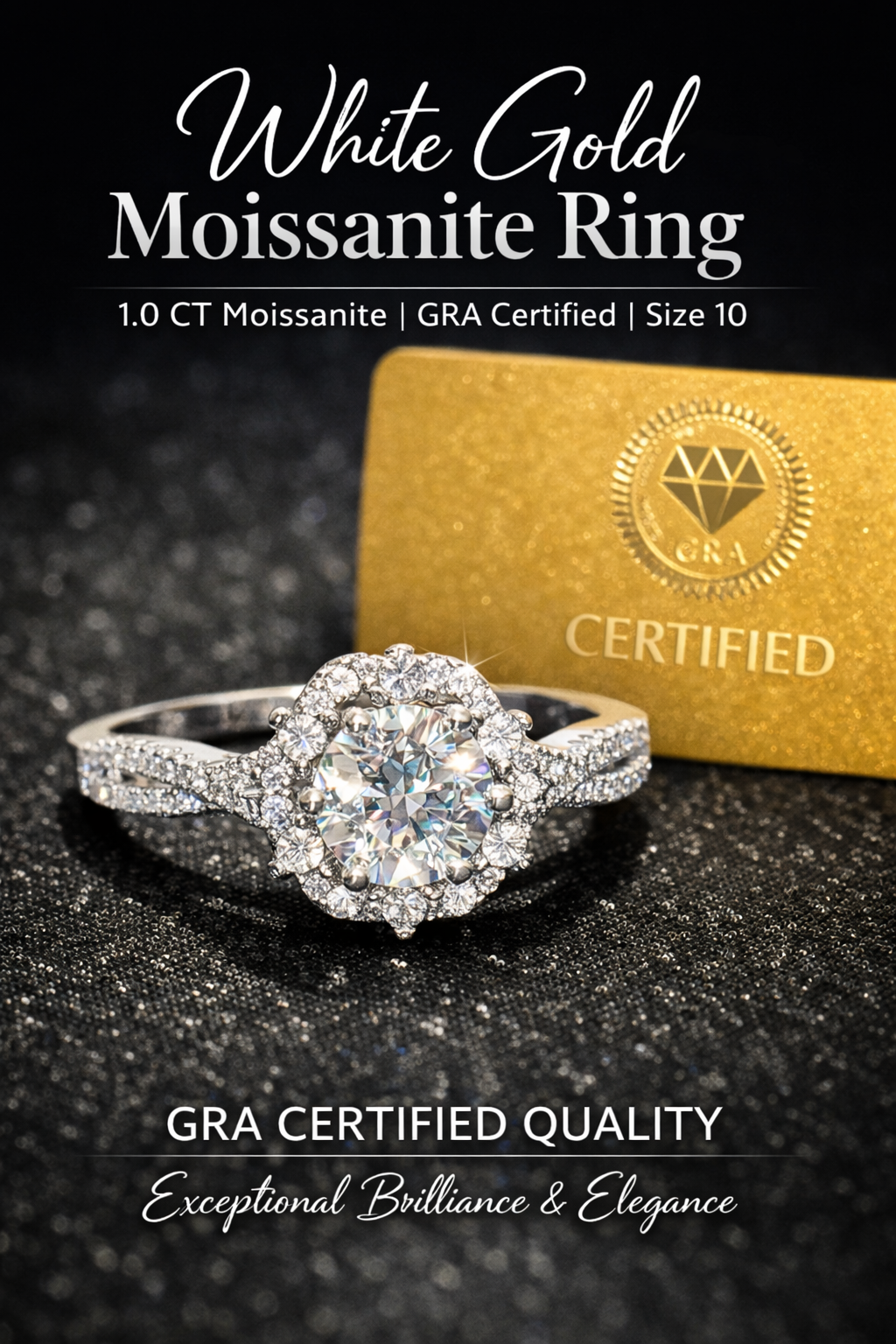 1 ct GRA Certified Round Moissanite Engagement Ring Size 10 18k White Gold Plated Sterling Silver