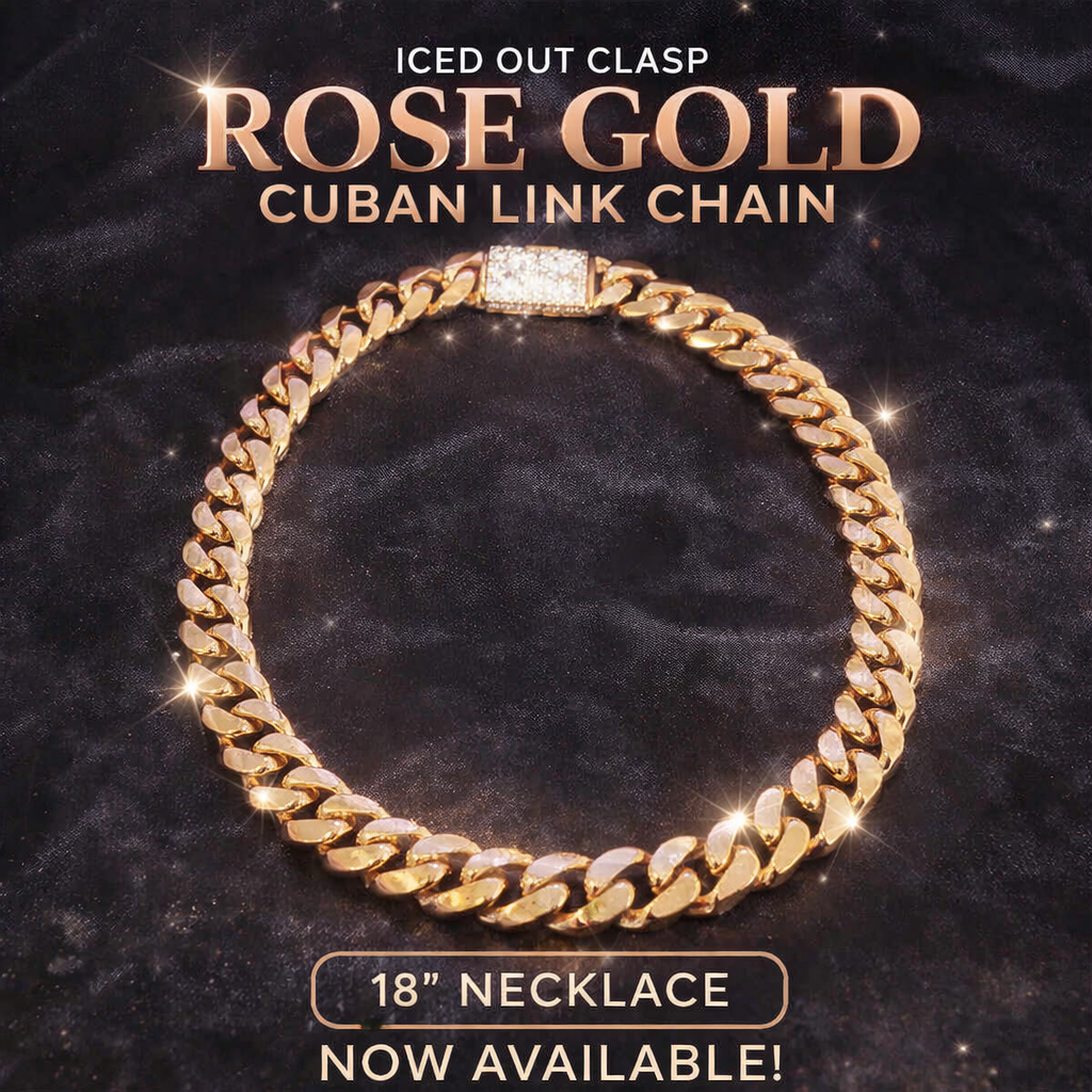18" Rose Gold Stainless Steel Cuban Link Chain with Iced Out Moissanite Clasp